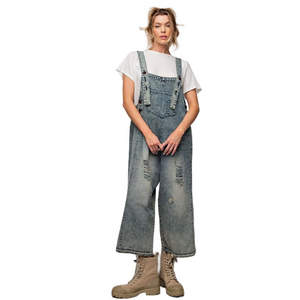 Easel Distressed Blue Denim Overalls